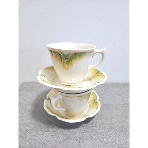 Two Tea Cups Two Dessert Bowls Thomas Hughes Art Deco Hand Painted
